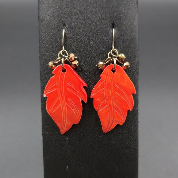 Jewelry - Copper Carved Leaf Orange Shell Handmade Earrings A6747